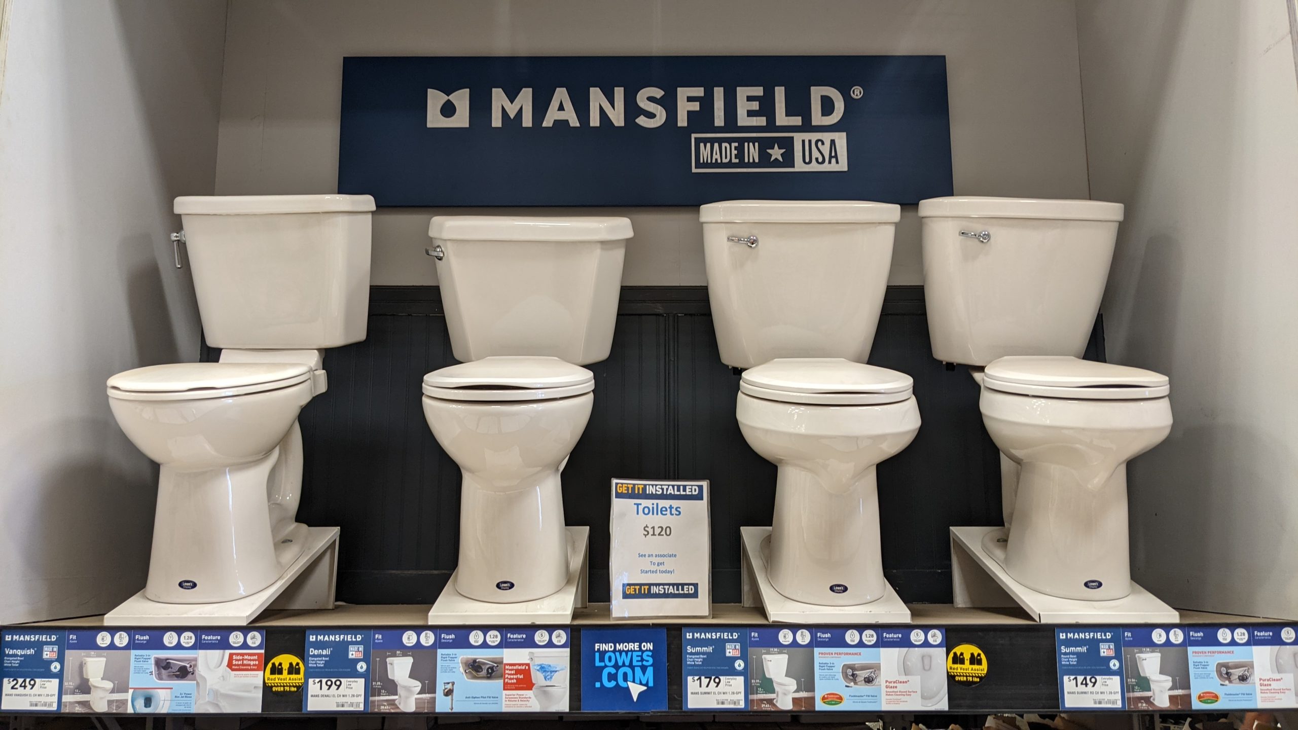 Mansfield toilets on display at Lowe's
